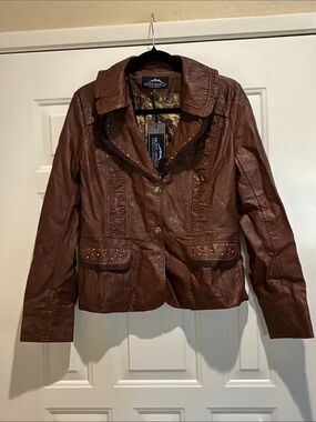 Montanaco Brown Faux Leather Button Jacket